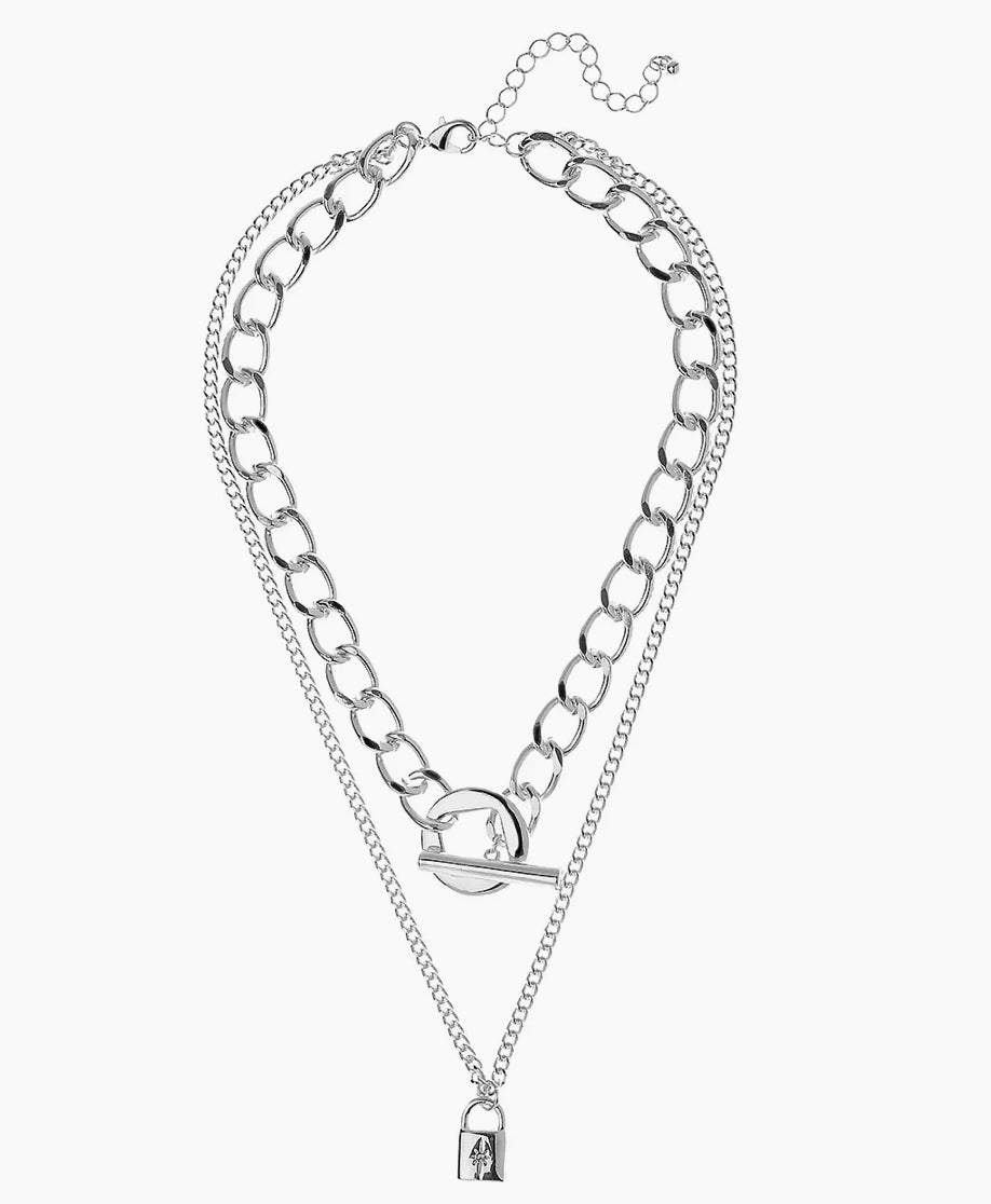 Two Row T Bar Necklace With Lock Silver