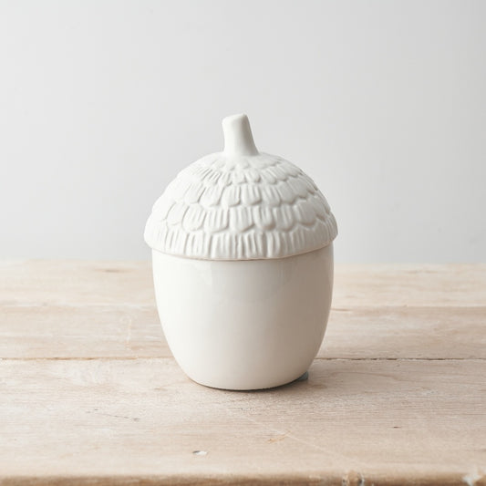 White Acorn Ceramic Container