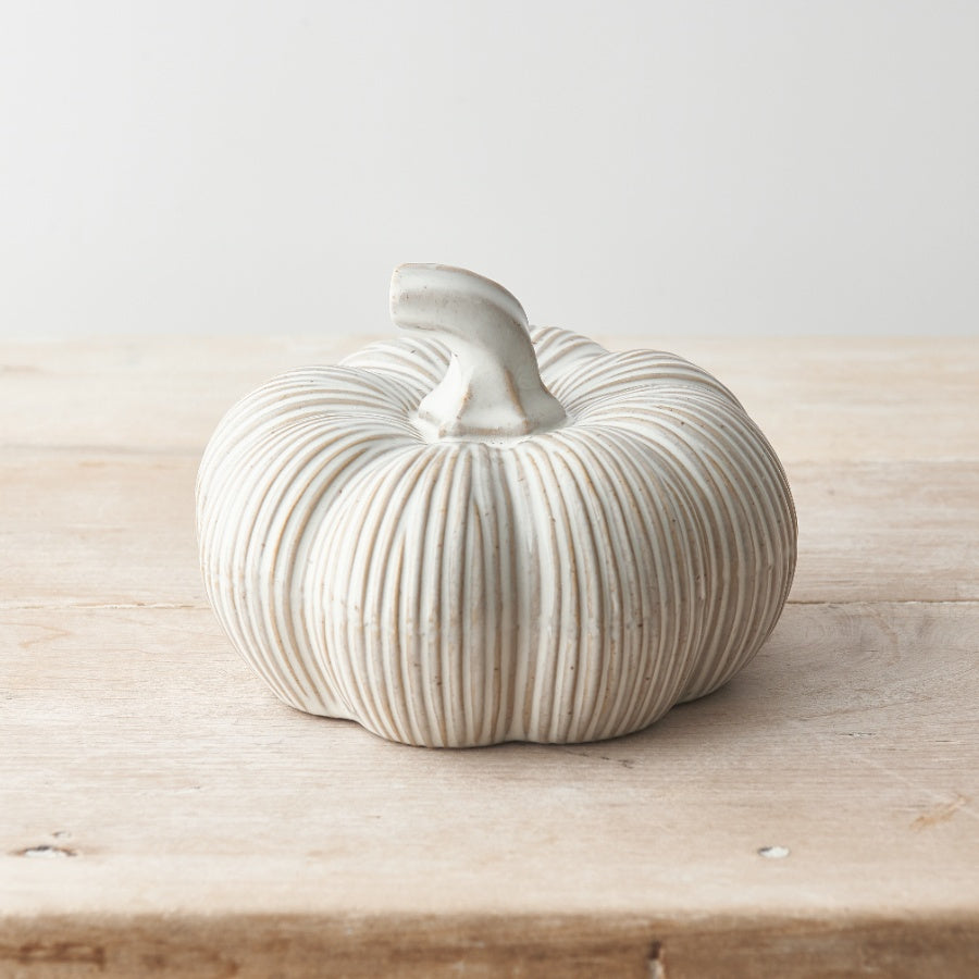 Cream Ribbed Ceramic Pumpkin