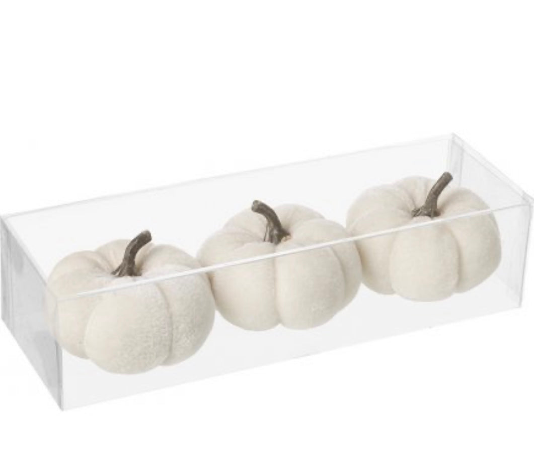 Set of Three White Velvet Pumpkins